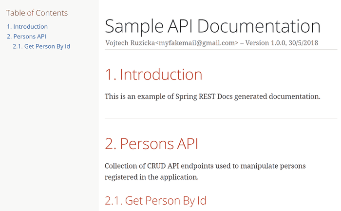 Generated API Documentation with Table Of Contents